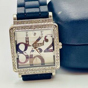 Crystal Square Silver Toned Face Watch with Black Silicone Band. 9 inches